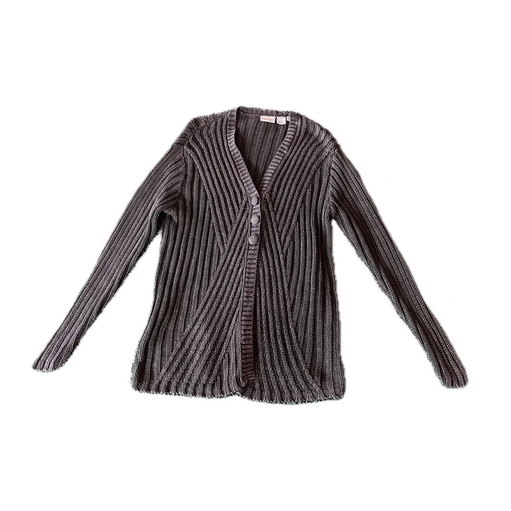 Vintage 90s Easy Style Ribbed Cardigan Sweater Gray Ramie Cotton Blend Sz M Fall